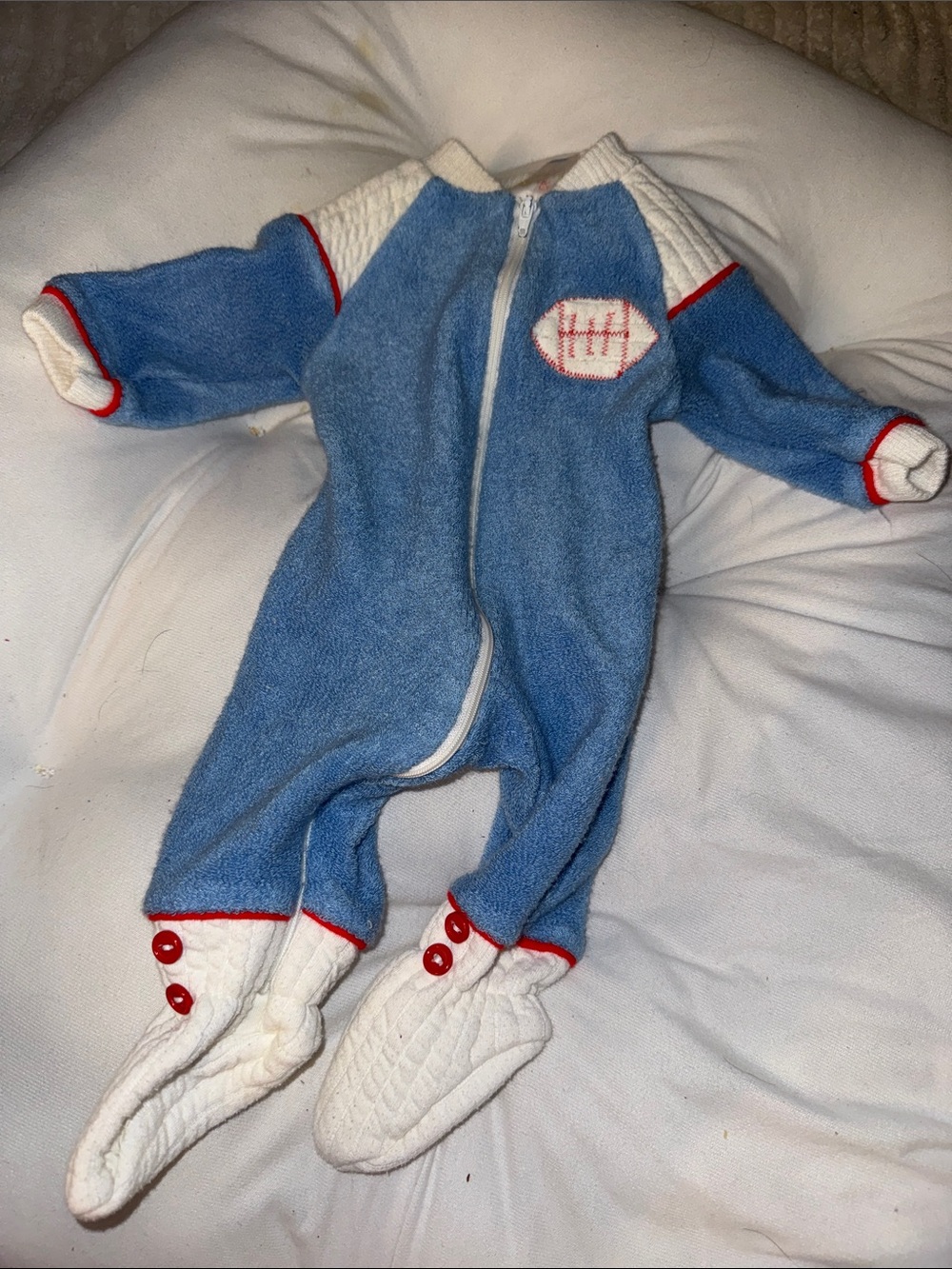 0-3M vintage 1970s Blue & White Baby One-Piece Footed Romper with Red Trim